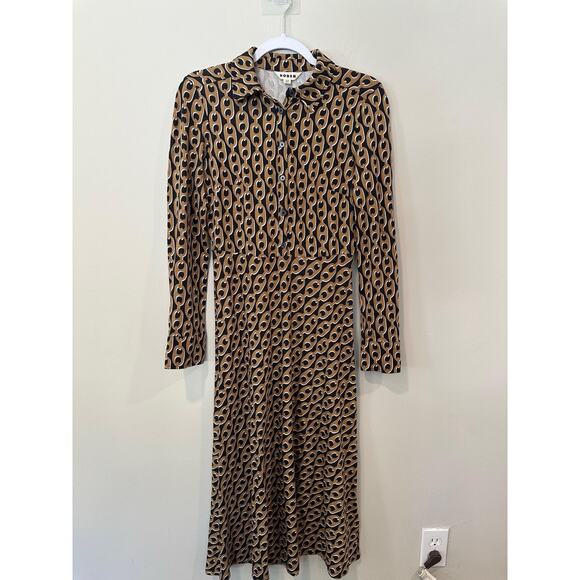 Boden Black Tan Chain Printed Laura Midi Jersey Knit Shirt Dress Size US 2R - Picture 1 of 8